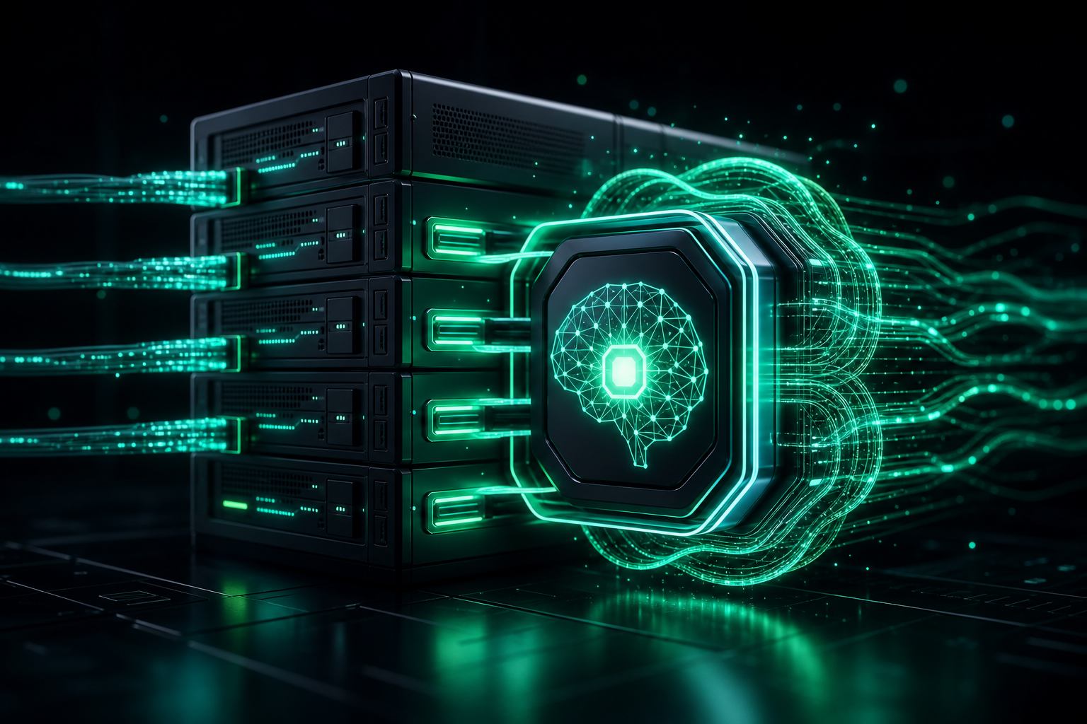 Adding AI to existing business systems showing an AI core plugging into established server racks