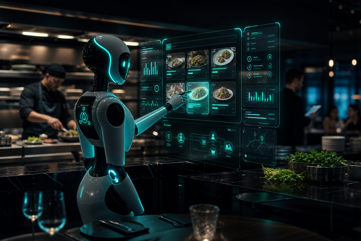 Agentic AI in restaurants showing a glowing autonomous AI agent interacting with restaurant operation interfaces