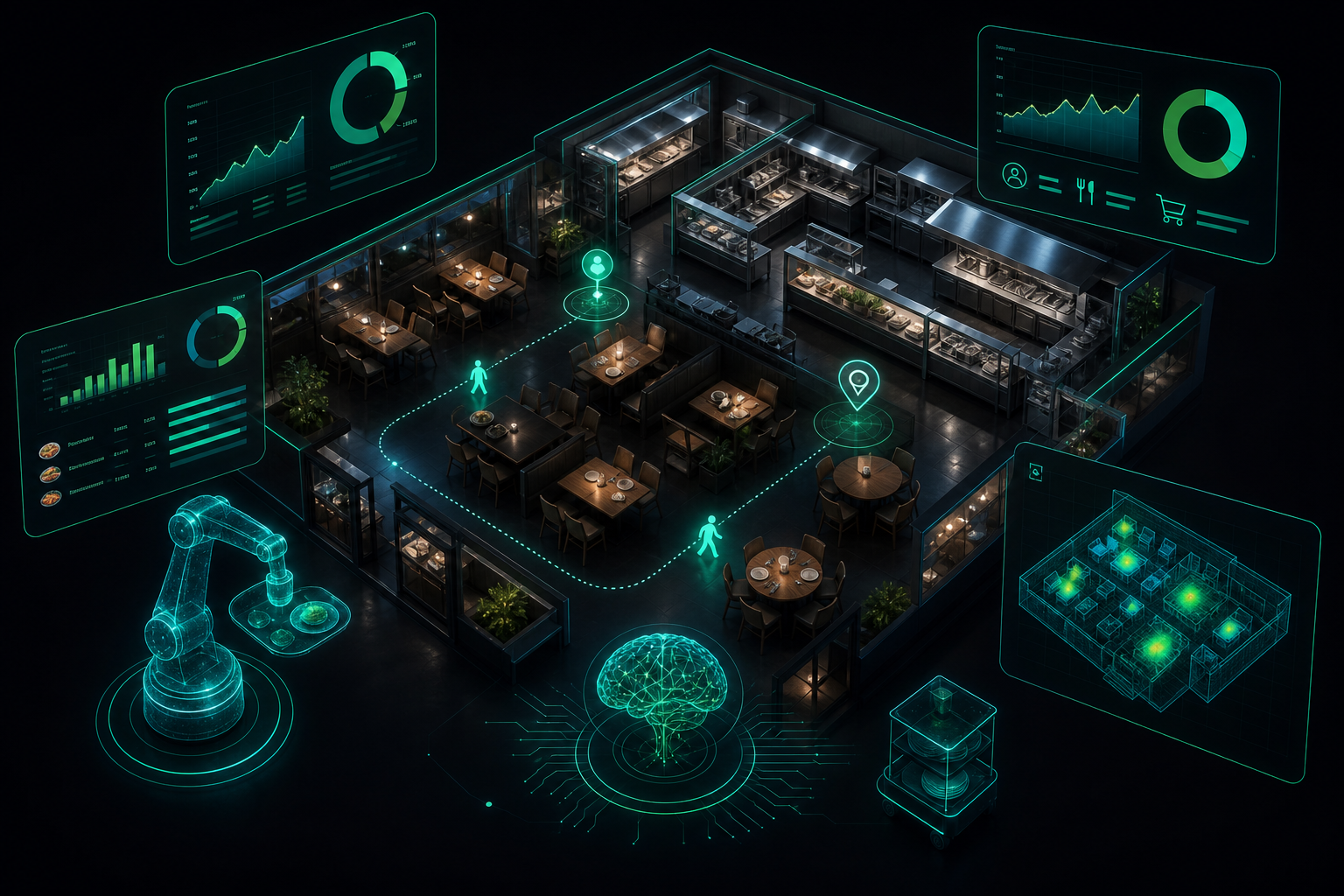 AI in restaurant operations showing a glowing digital restaurant layout with data analytics overlays