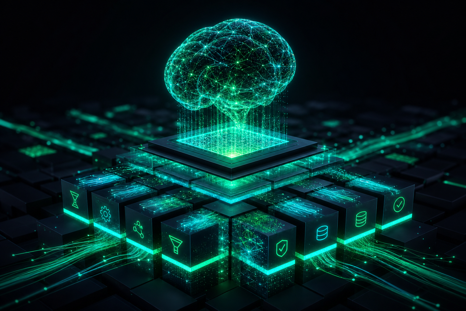 Data quality infrastructure for AI showing glowing data blocks or a solid foundation supporting an AI core