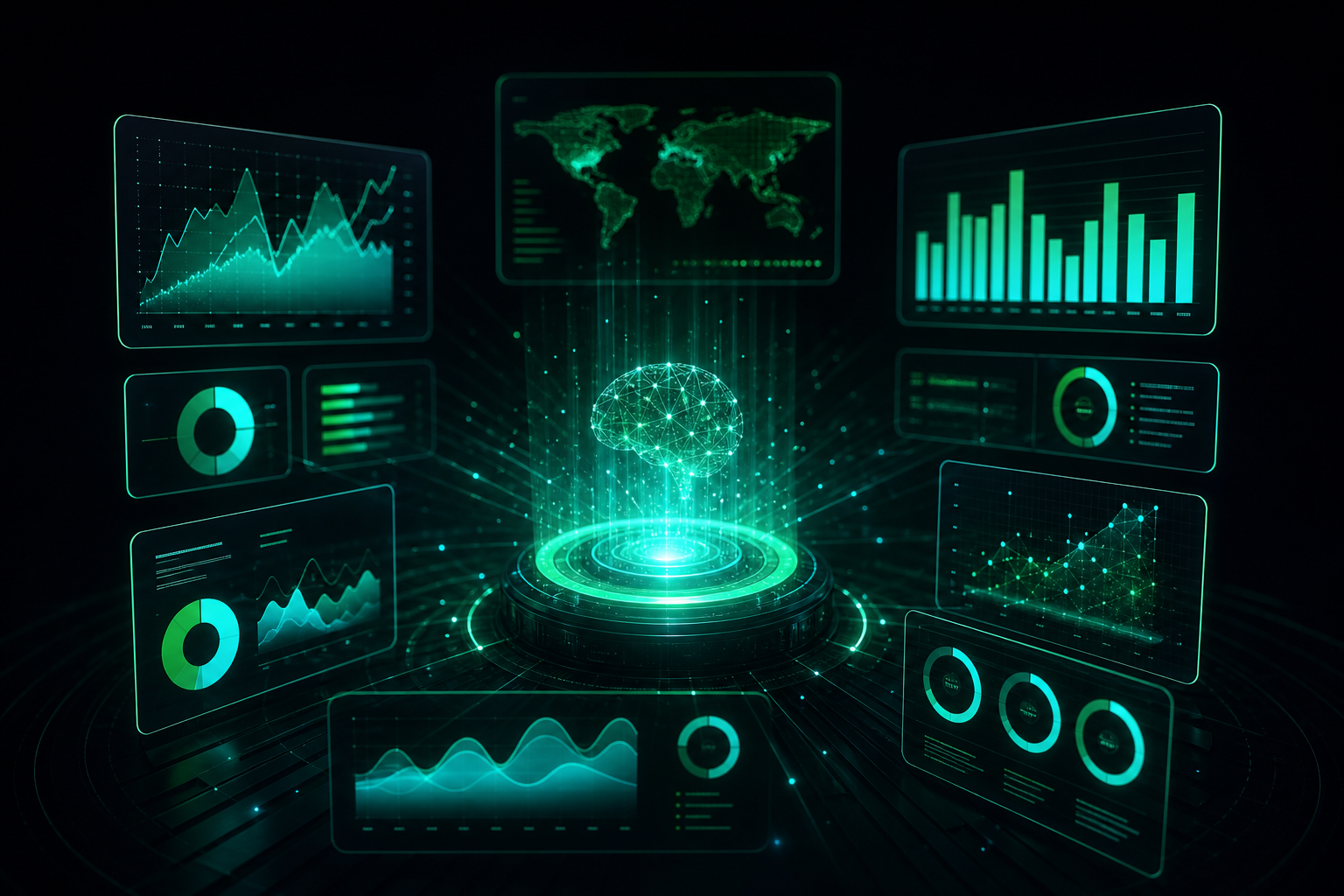 AI-powered reporting and business analytics showing glowing holographic data charts and analytical insights