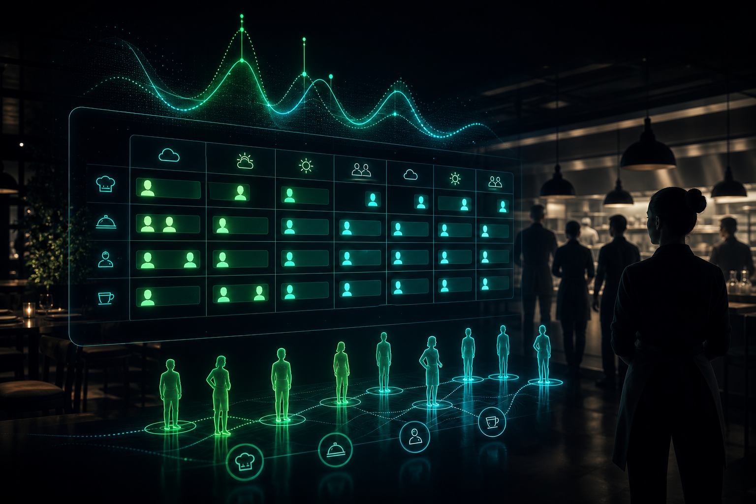 AI staffing prediction for restaurants showing a glowing calendar interface with data forecasting lines