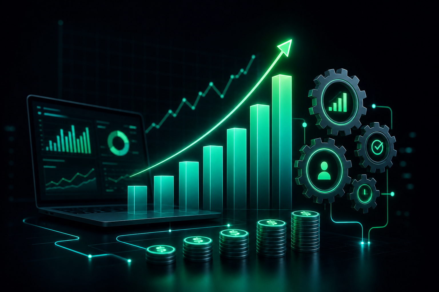 Business automation ROI measurement showing glowing financial charts upward trending lines and automated gears