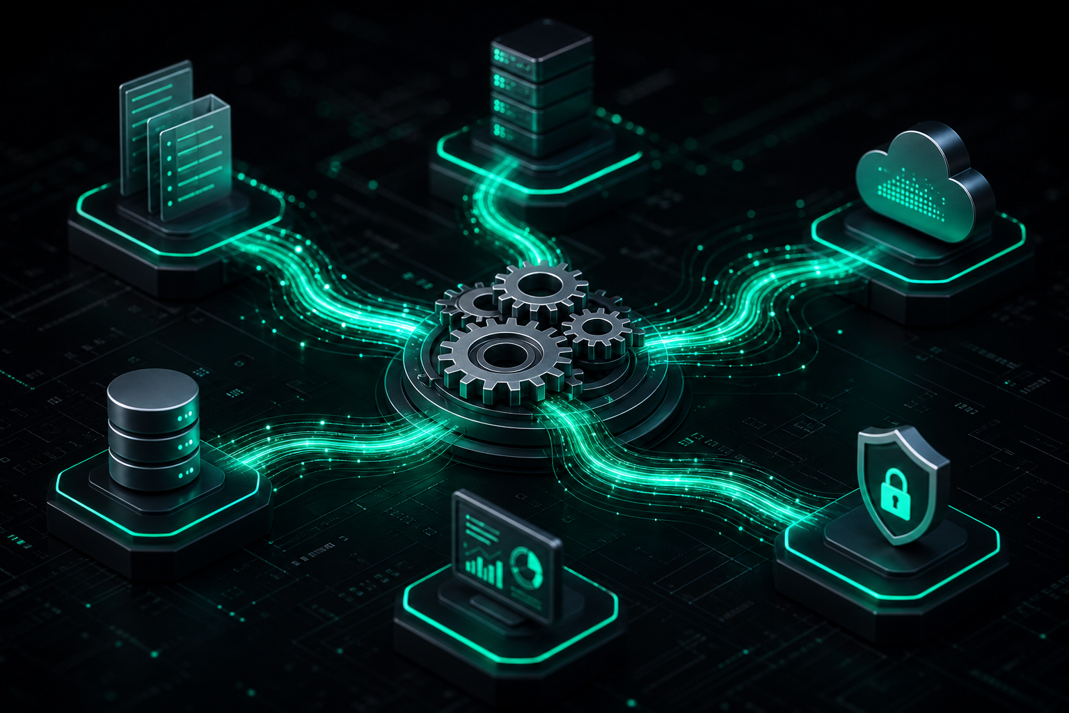 Business process automation showing glowing data streams connecting different system nodes or gears