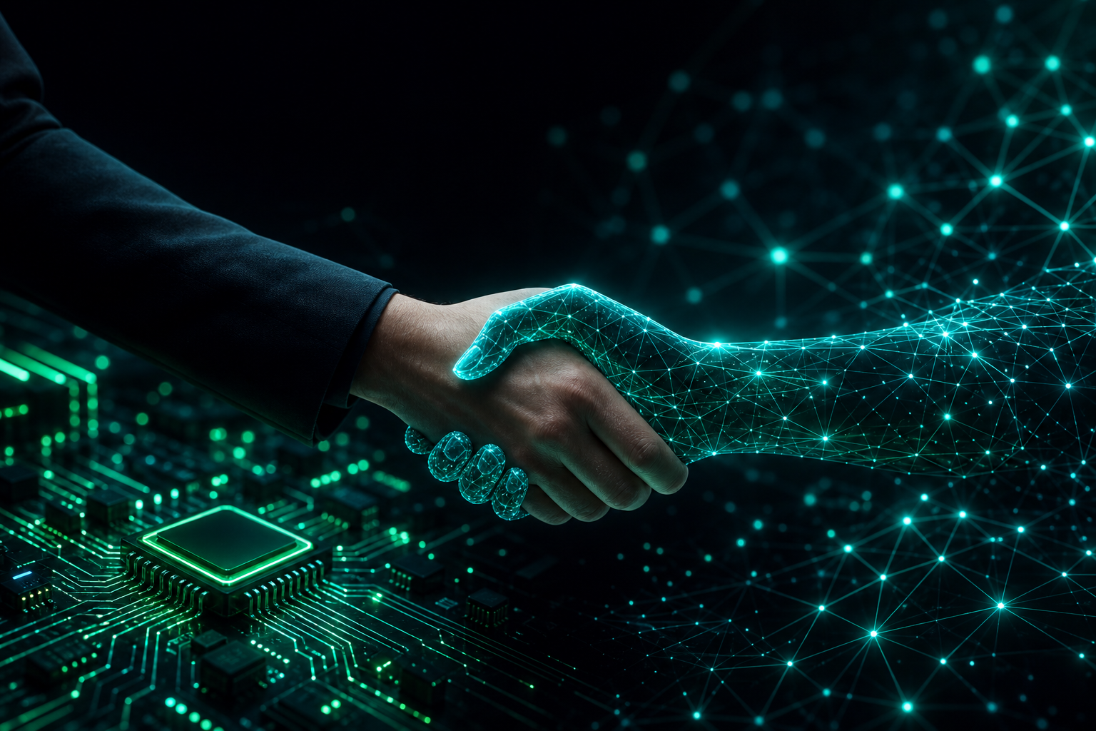 Future of embedded tech partners in the AI era showing a human silhouette merging with glowing AI nodes