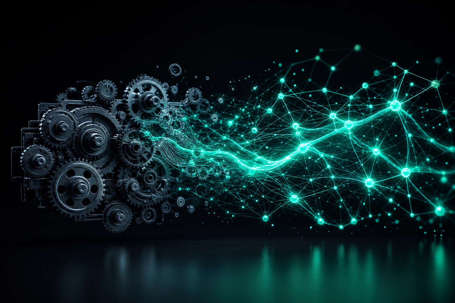 Intelligent automation vs traditional automation showing a rigid mechanical gear system evolving into a fluid glowing neural network