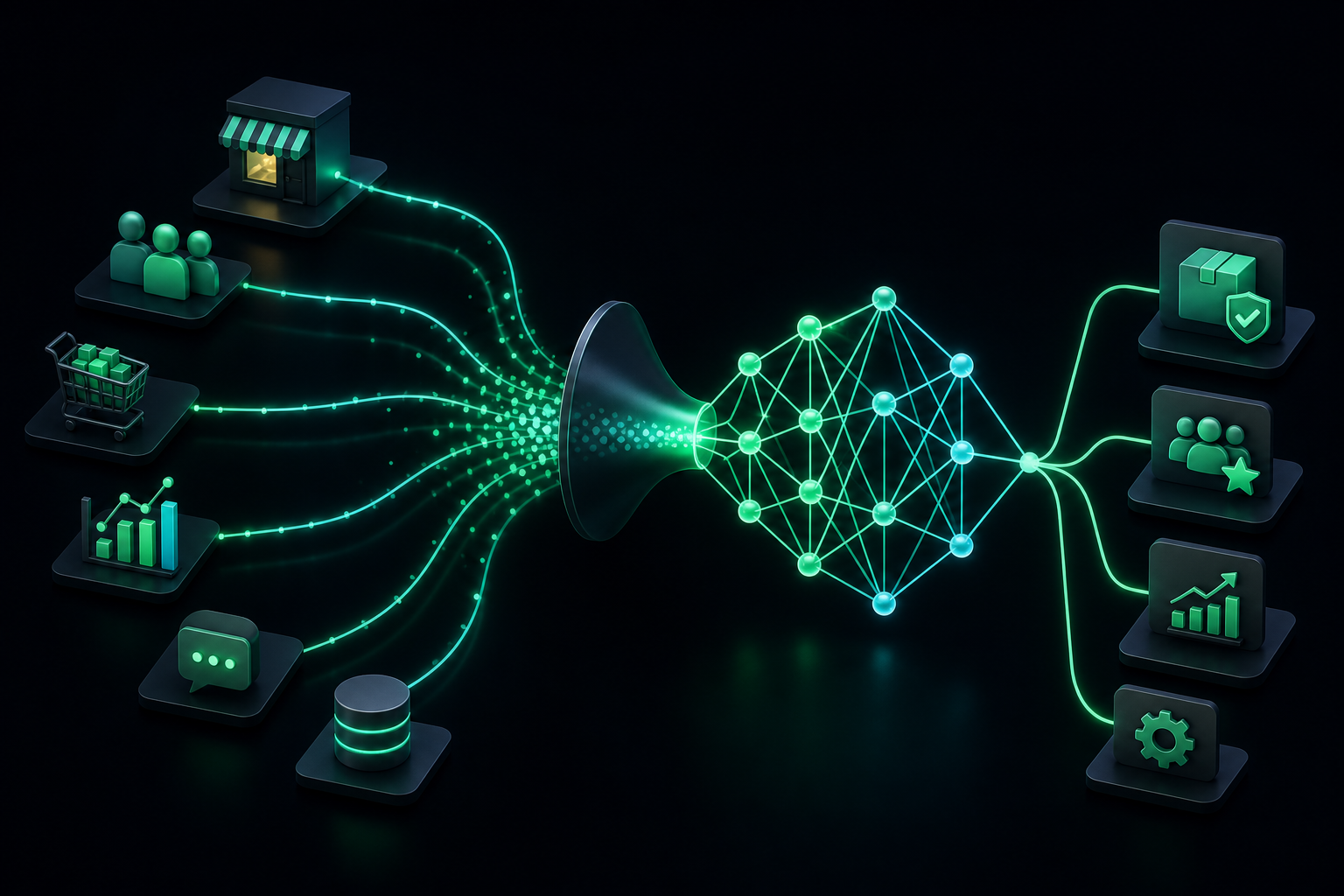 Machine learning for SMBs showing a glowing simplified neural network or data processing funnel
