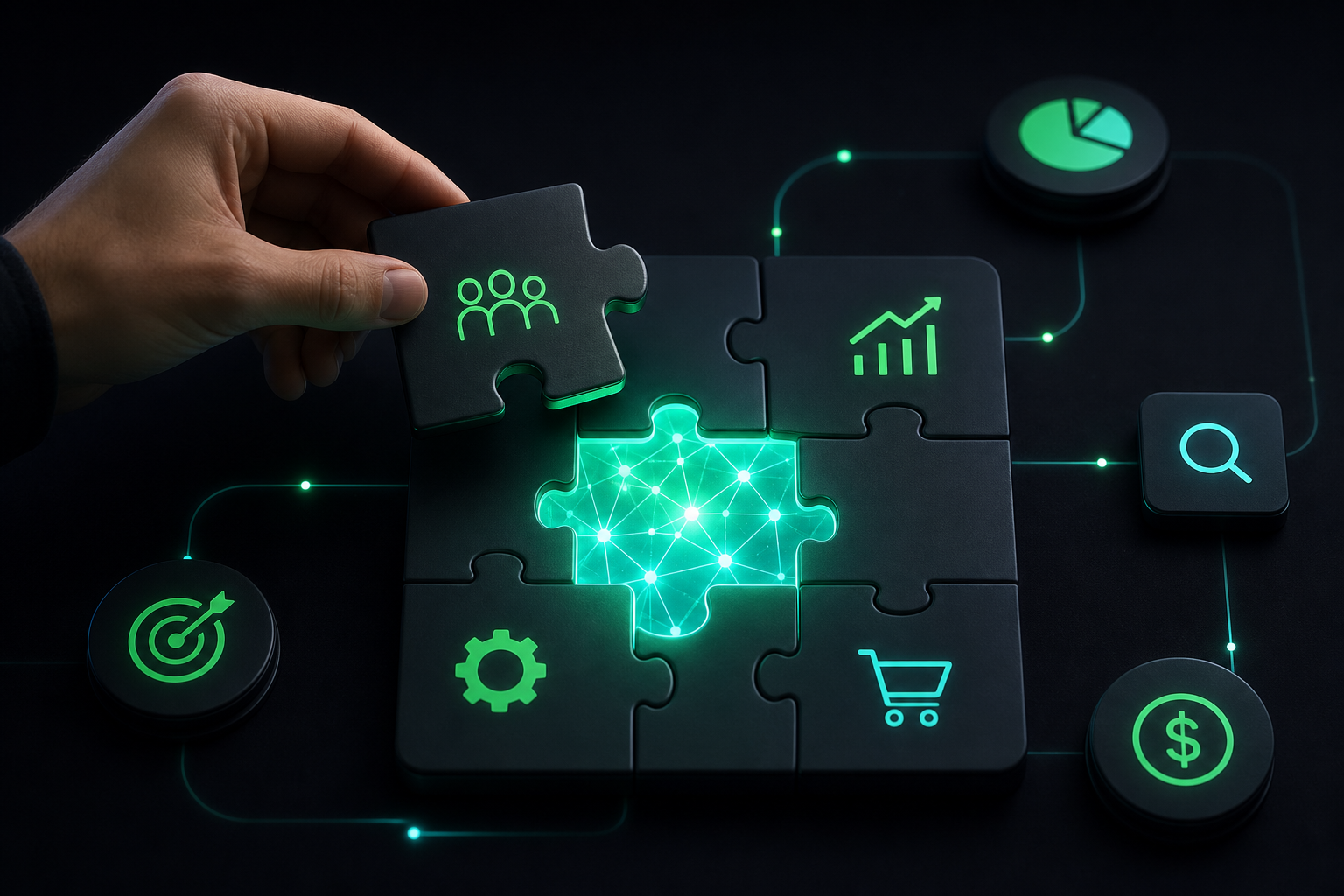 AI integration for business owners showing an elegant, simplified control interface with glowing AI nodes