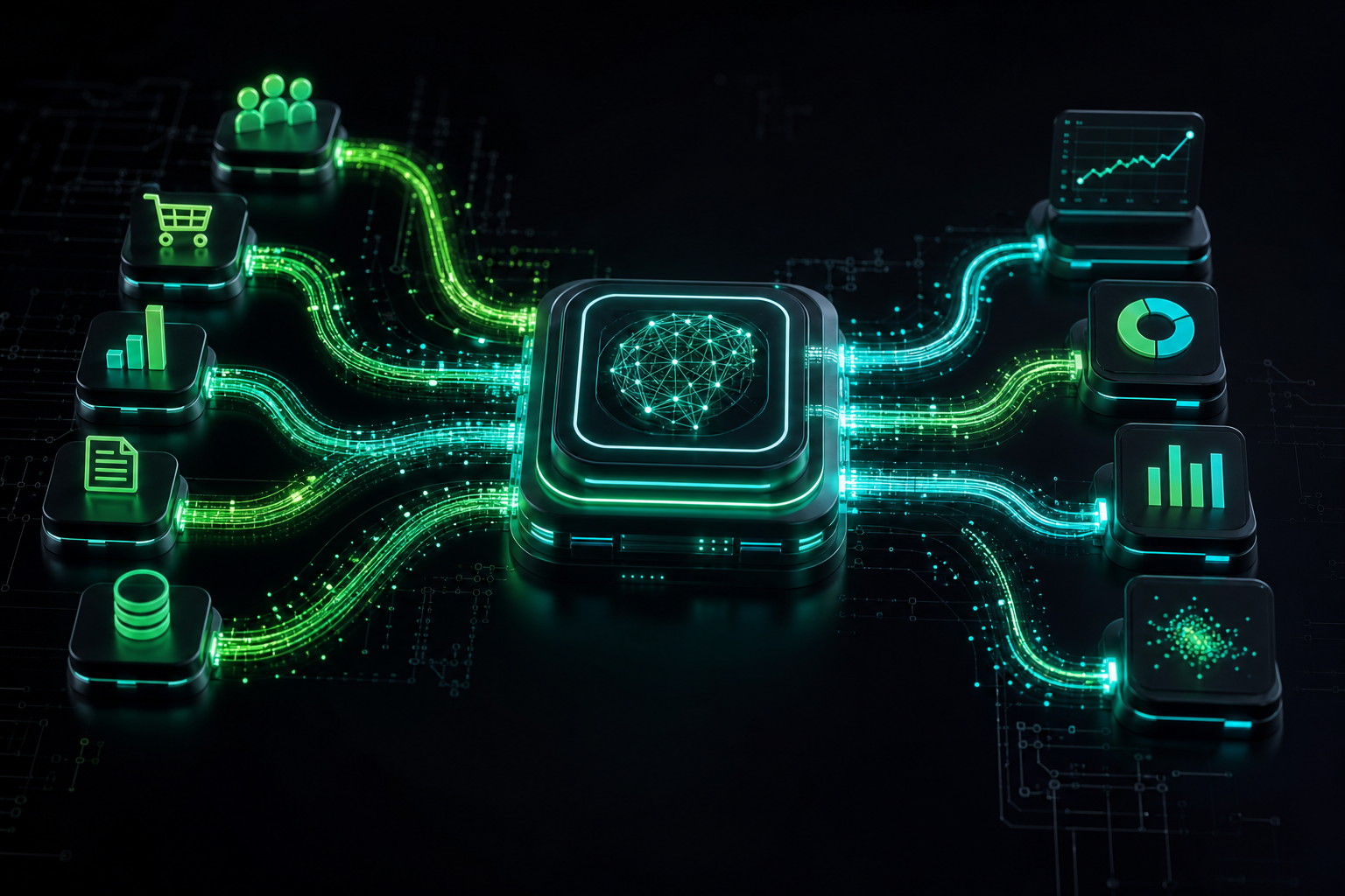 AI workflows connected to real business data showing glowing data streams flowing from business icons into an AI processing hub