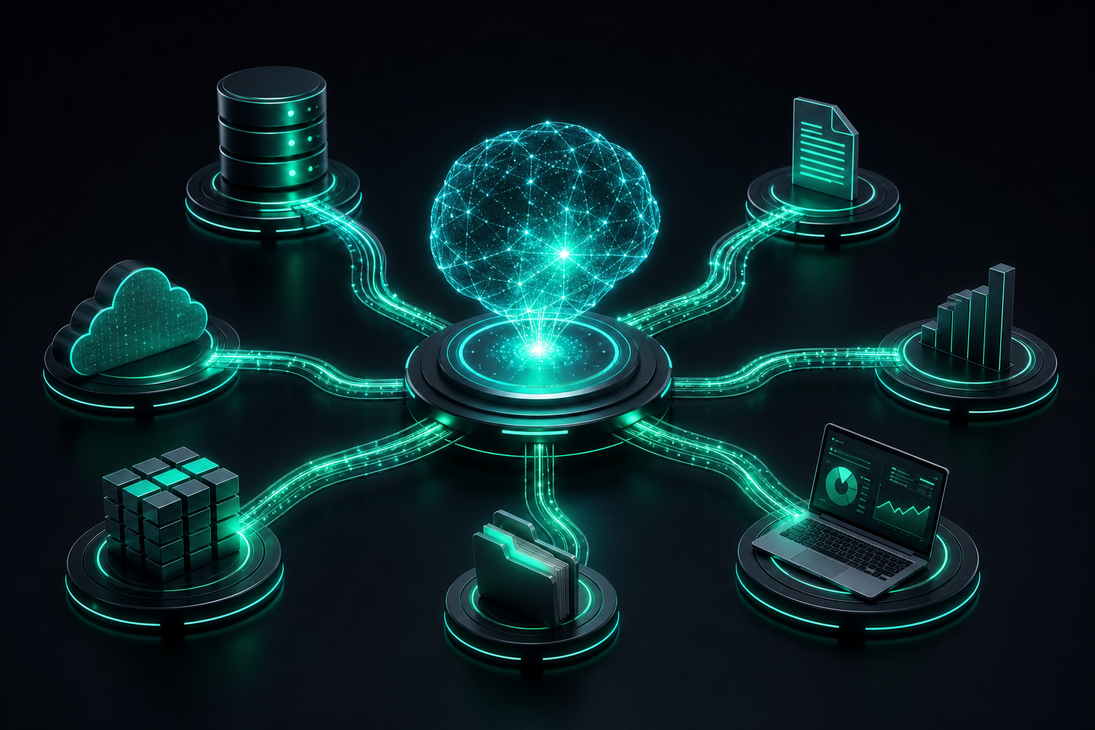 Model Context Protocol showing an AI core connecting to various business data sources via standardized glowing pathways