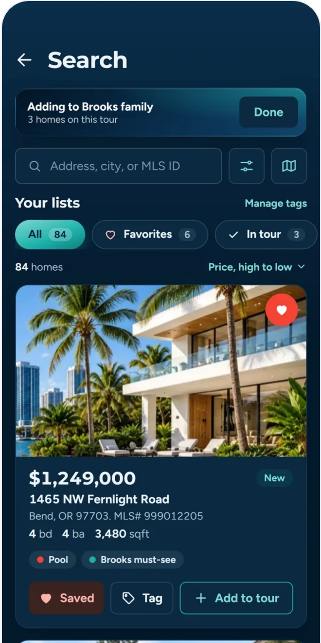About Time Tours search, with a listing being added to a buyer's tour