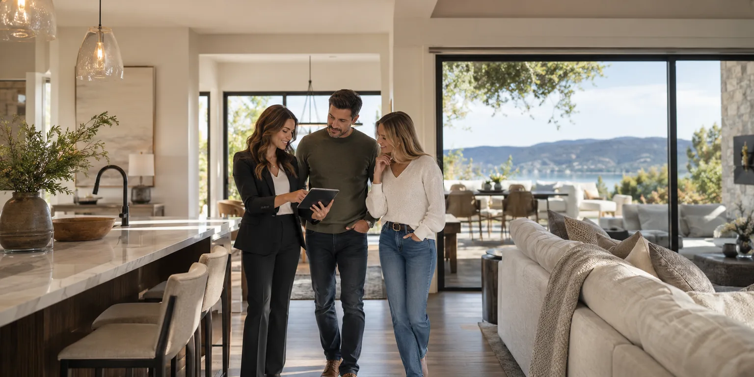 A real-estate agent showing a home to buyers, with the tour open on a tablet