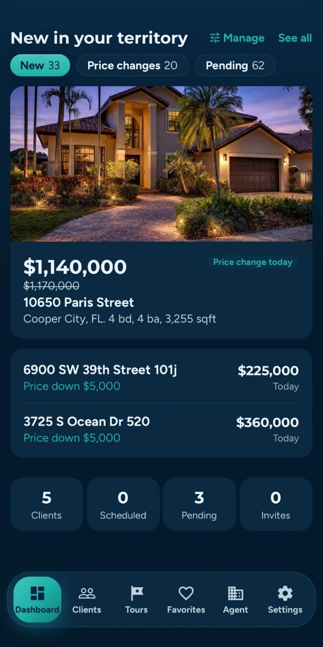 About Time Tours dashboard showing new listings and price changes in an agent's territory